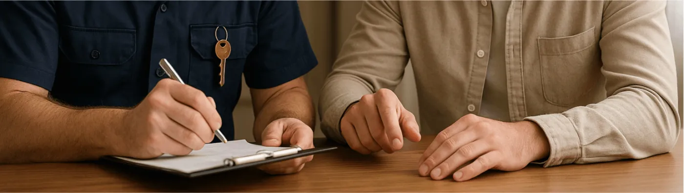 Locksmith tech providing an estimate to a customer.