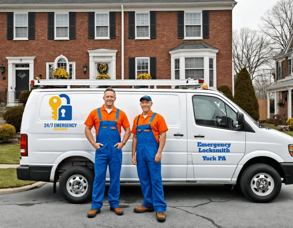Two locksmith technicians standing in front of their white work van at a residential location.